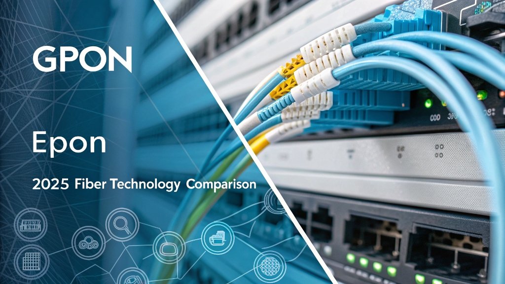 modern, high-tech digital illustration comparing GPON vs. EPON fiber technologies. The image should be split into two halves visually—one side labeled 'GPON' and the other 'EPON